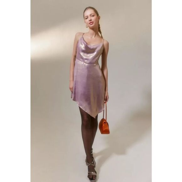 URBAN OUTFITTERS Women’s Iridescent Lavender Gold Asymmetrical Slip Dress Size M - Picture 1 of 12